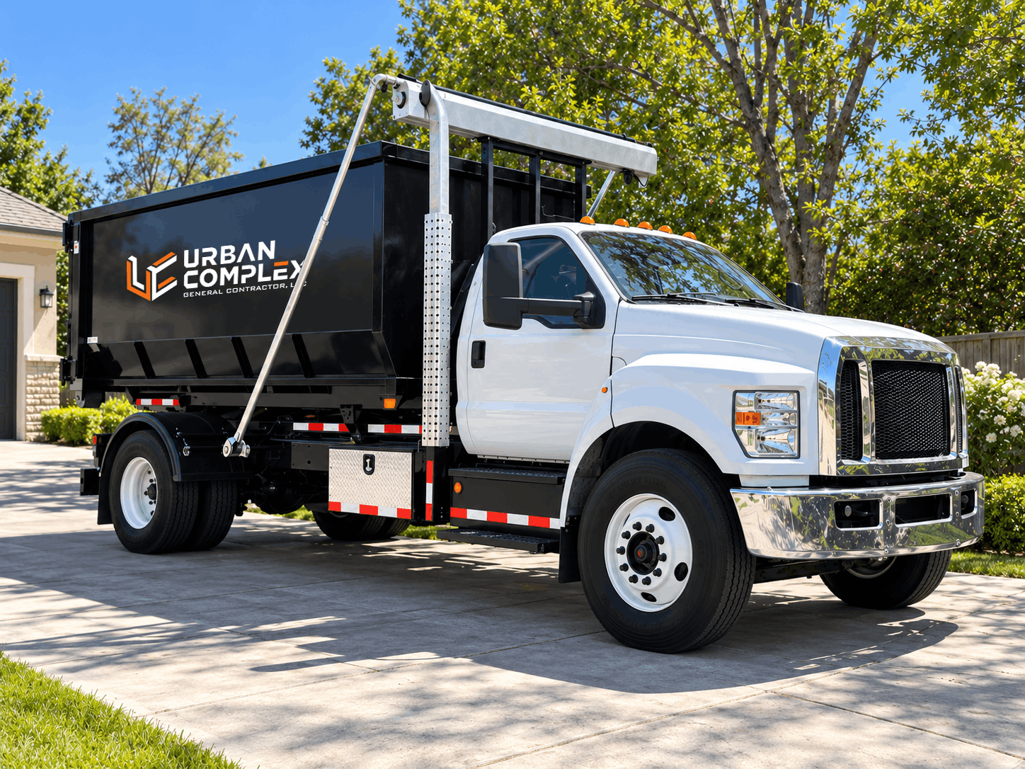 White Urban Complex dumpster truck parked on a driveway