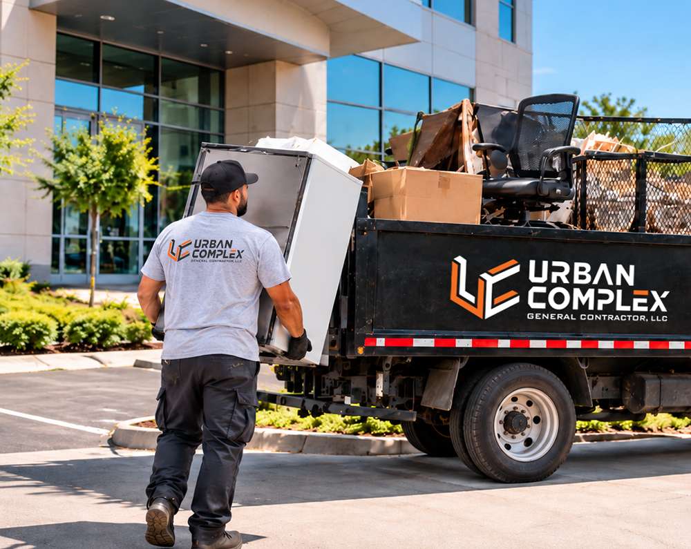 Urban Complex crew loading an appliance for trash out and haul-away service