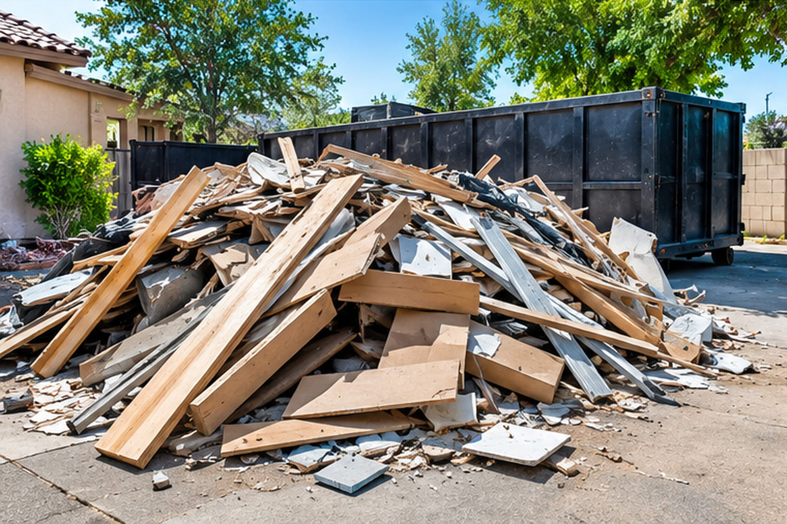 Large pile of wood waste and construction debris in front of a dumpster