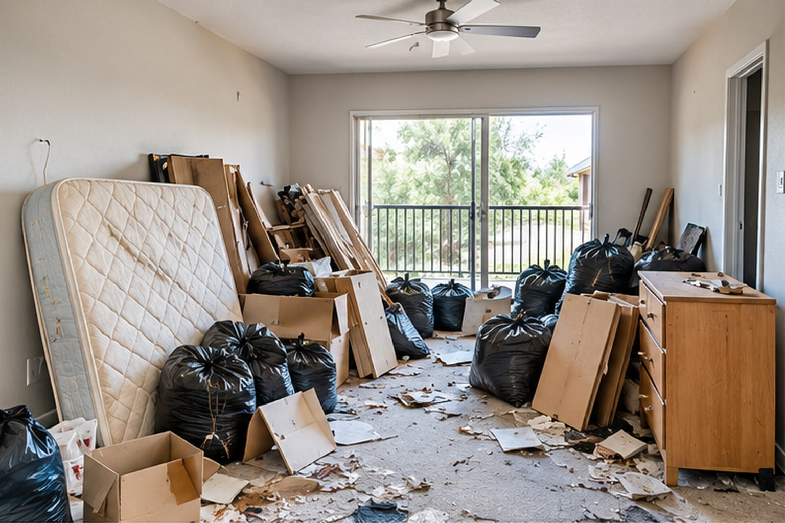 Cluttered apartment room with mattress, trash bags, and boxes for cleanout